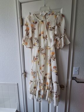 Calvin Klein Cream Floral Midi Dress with Yellow & Brown Accents